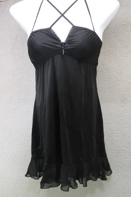 Fantasy Lingerie Black Strappy Babydoll Nightie-Small-Rhinestones-Sexy-Goth - Image 1 of 4