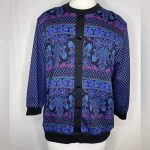 Vintage 80er/90er blau lila schwarz verziert Paisley Strickjacke Pullover Damen Medium - Bild 1 von 4