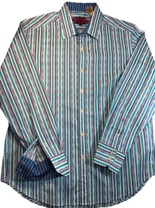 Camisa Robert Graham Para Hombre Mediana Abotonada Puño Abatible Azul Blanco Rayas - Imagen 1 de 9