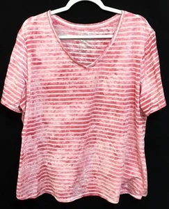Terra & Sky 20/22W rosa weiß gestreift Batik Kurzarm V-Ausschnitt Stretch Top - Bild 1 von 5