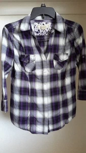 Arizona Jean Co Damen Gr. L kariert 3/4 Arm V-Ausschnitt Knopfleiste Hemd lila - Bild 1 von 9
