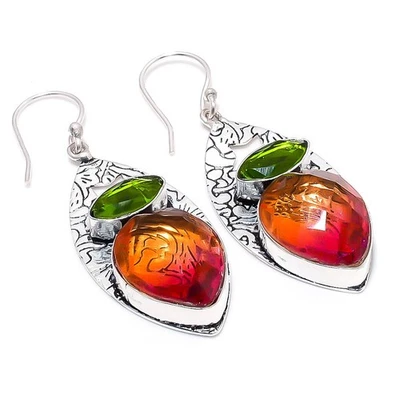 bicolore Tormalina, Peridoto Gemma Argento Sterling 925 Gioielli Orecchino 6cm - Immagine 1 di 4