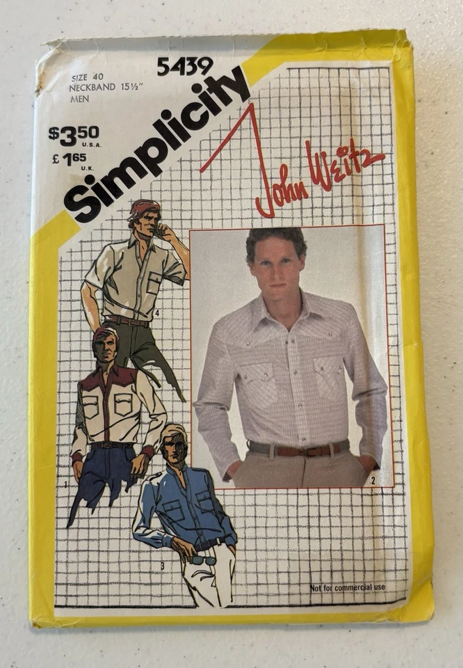 Simplicity 5439 Size 40 Neckband 15 1/2Men’s Western Shirt by John Weitz - Image 1 of 2