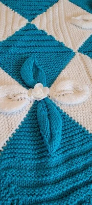 Handmade Knitted Turquoise and White Petal Blaket Baby Blanket - Image 1 of 2