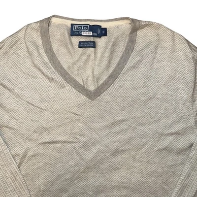Polo Ralph Lauren Suéter Para Hombres Pequeño Beige Gris Cuello en V Algodón Cachemira Pullover Foto 1 de 4