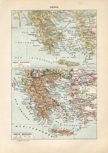 1907 GREECE CRETE and ANCIENT GREECE ATHENS Antique Lithograph Map Larousse - Picture 1 of 1