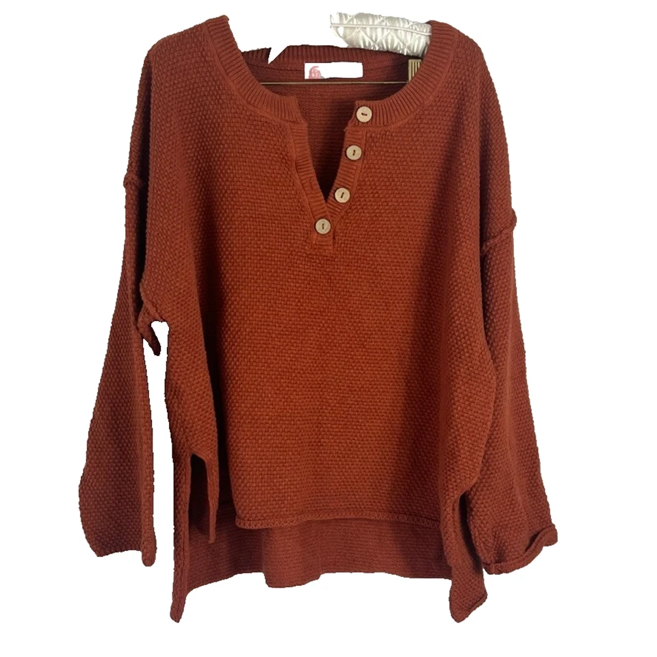 Женский свитер топ Free People FP Beach размер M красный вязаный Henley большого размера Hi Lo - Изображение 1 из 4