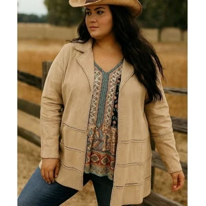 Outbrook Suede Jacket Women's Size 3X Crochet Patchwork Boho Cottage Tan Hippie - Picture 1 of 9