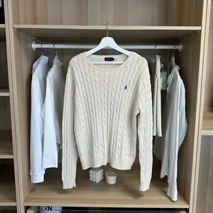 Polo Ralph Lauren Womens Cable-Knit Jumper Size XL Cream Crewneck Logo Sweater - Picture 1 of 4