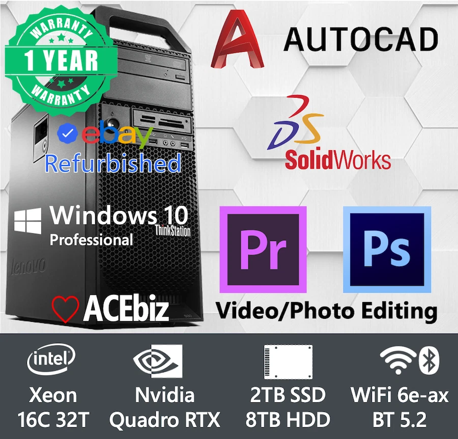 CAD Video Editing Workstation Xeon 16 Core/RTX 4000 3060 Ti/64~512GB/SSD/8TB HDD - Image 1 of 3
