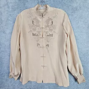 Blusa De Colección Peonía Mujer Seda 38 M Beige Bordada a Mano Top Floral Cierre Rana - Imagen 1 de 23
