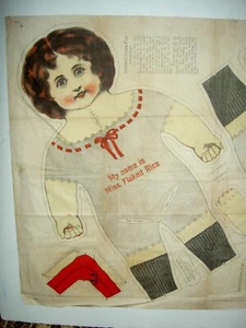 RARA bambola antica stoffa 1899 Miss Flaked Rice pannello non tagliato con istruzioni stampate - Foto 1 di 24