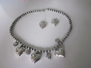 Vintage 19” Sterling Silver 925 Puffy Hearts Charms Ball Necklace & Earrings 38g - Picture 1 of 7