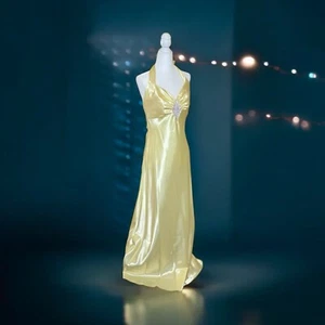 90s Gunne Sax Jessica McClintock Butter Yellow Halter Prom Formal Dress Sz 9/10 - Picture 1 of 12