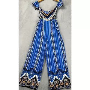 Flying Tomato Jumpsuit Womens Small Blue Geometric Boho Wide-Leg Sleeveless NEW - Picture 1 of 11