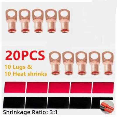 RED/BLACK Heat Shrink Tubing LUGS (10) 1/0 AWG Gauge Copper Ring Terminals 1/2" - Image 1 of 4
