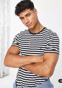 Tommy Hilfiger cotton icon logo stripe stretch slim fit t-shirt in navy - Size M - Picture 1 of 3