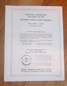 SEARS CRAFTSMAN MITER GAUGE ASSEMBLY OWNERS MANUAL 113.299250 299250 - Picture 1 of 1