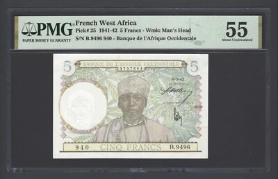 French West Africa 5 Francs 6-5-1942 P25 About Uncirculated  - Image 1 of 2