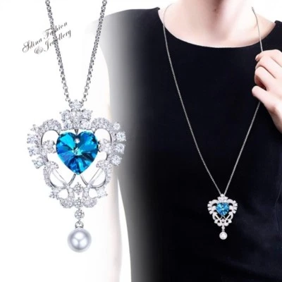 Thick 18K White Gold GF Made With SWAROVSKI Element&Pearl Crown Long Necklace Foto 1 de 4