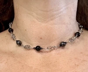 Wire Wrap Gemstone Choker, Hematite And Black Obsidian, Hammered Stainless Steel - Picture 1 of 6