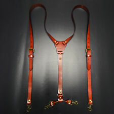 Vintage Brown Leather H Back Suspenders Belts 4 Brass Hooks For Men Male Work