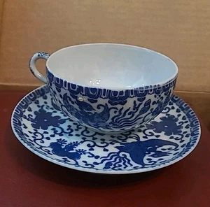 Japan Teacups & Saucers W/Phoenix Blue/White - Picture 1 of 10