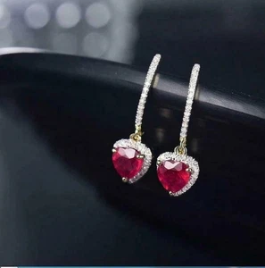 Lab Created Red Ruby 2CT Heart Cut Dangle Women's Earrings 14K White Gold Plated - Picture 1 of 9