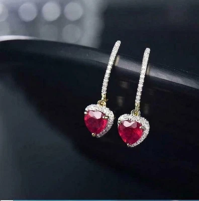 Lab Created Red Ruby 2CT Heart Cut Dangle Women's Earrings 14K White Gold Plated - Image 1 of 4