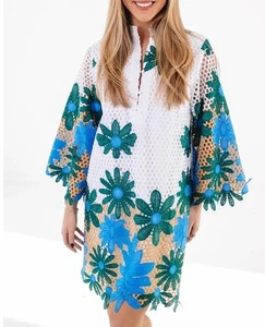 NUEVO CON ETIQUETAS $202 J Marie Coleen Vestido de Encaje XS Blanco Azul Verde Bordado Floral Forrado - Imagen 1 de 9