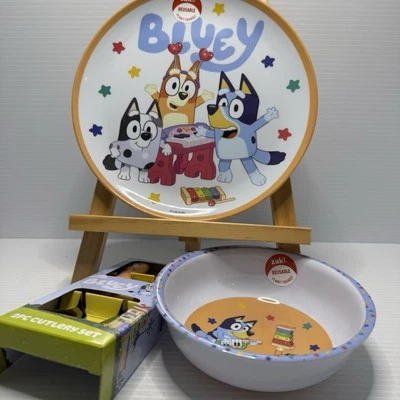 Bluey Meal Set ~ Melamine Plate 20.5cm, Bowl 14cm + 2pc Cutlery Set Spoon + Fork - image 1 of 4