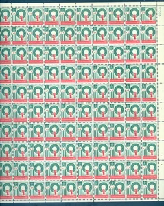 US 1205 Christmas Wreath, Complete Sheet/100 Full Margins, Mint VF-XF NH - Picture 1 of 2