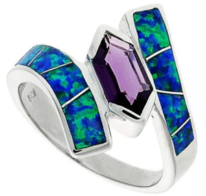 Fine Women Silver Rhodium Plated Opal Inlay Ring Hexagon Violet Purple CZ 19mm - Picture 1 of 1