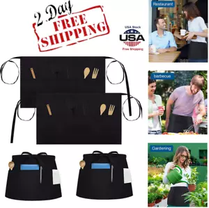 2x Waitress Aprons 3 Pockets Water Oil Stain Resistant Waiter Server Waist Apron - Picture 1 of 12