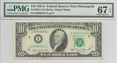 1981A $10 MINNEAPOLIS FRN. PMG SUPERB GEM Uncirculated 67 EPQ Banknote. - Image 1 of 2