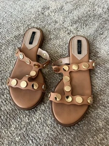 Kensie Manette Sandals Brown Slides Goldtone Studded Slip On Shoes Women's 8 - Picture 1 of 2