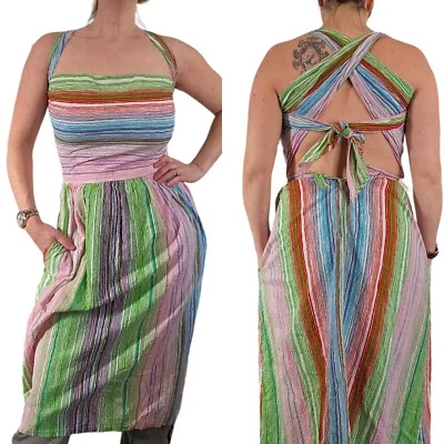 Vestido de Verano Arco Iris Años 70 Halter Algodón Envolvente Talla Pequeña Multicolor Verde Foto 1 de 4