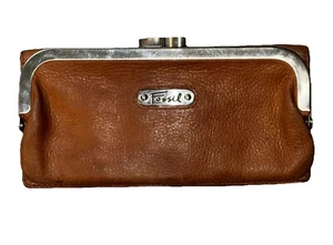 Vintage Fossil Kiss Lock Wallet Clutch Natural Tan Leather W/Press Snap Closure - Picture 1 of 23