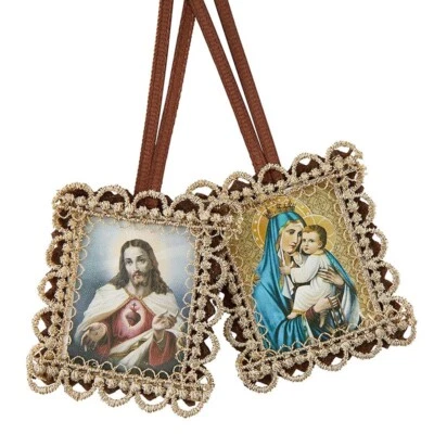 Gold Scallop Border Scapular - Sacred Heart of Jesus and Our Lady of Mt. Carmel - Image 1 of 4