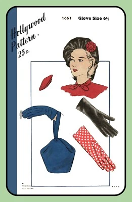 HAT Pattern Drawstring BERET Tote Bag GLOVE 6½ Hollywood 1661 Vtg 1945 - Image 1 of 4