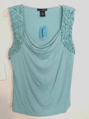 Camisa feminina Willi Smith XL azul verde regata blusa sem mangas babado escritório - Imagem 1 de 3