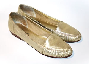 Y2K Vintage Nine West Damenschuhe 8,5 N goldfarben metallic Leder Slipper flache Schuhe - Bild 1 von 8