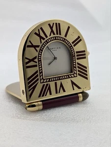 Vintage Cartier Travel Alarm Clock Pen Hinge Burgundy Gold Quartz - Bild 1 von 13