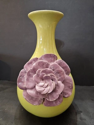 Anthropologie Green Ceramic Vase with Large Sculptural Purple Flower – 3D 9-inch - Image 1 of 4