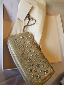 Cartera Jimmy Choo de cuero tachonado con cremallera alrededor marrón/dorado con bolsa antipolvo y caja - Imagen 1 de 17