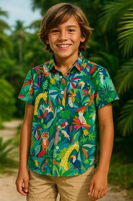 Camisa Boden Niños 11-12Y Lino Algodón Estampado Animal de la Selva Manga Corta Botón Foto 1 de 4