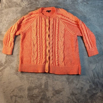 Lands End Seater Womens 2X Orange Pink  Coral Cable Knit Cardigan 20w-22w - Image 1 of 4