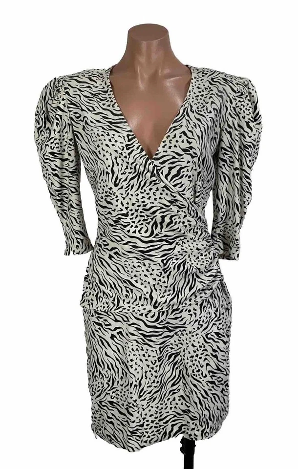 Vtg 80s All That Jazz Leopard Print Faux Wrap Dress Shoulder Pads Spandex Sz 11 - Image 1 of 4