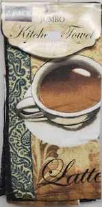 Set of 2 Same Printed Jumbo Terry Towels (17" x 27") COFFEE LATTE CUP,  BH - Picture 1 of 15