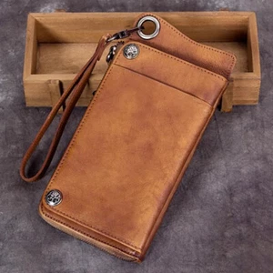 Genuine Leather Wallet Men Women Clutch Wristlet Zip Wallet Purse Money Clip - Picture 1 of 10